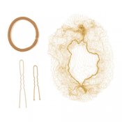 Guld hårkit med svarta hårsnoddar, hårnålar och håtnät.