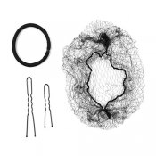 Svart hårkit med svarta hårsnoddar, hårnålar och håtnät.