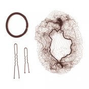 Tan hårkit med svarta hårsnoddar, hårnålar och håtnät.