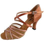 Tanfärgad sandalett dansskor med hög klack. Hudfärgade klackskor. Dansskor med strasstenar, bling, glitter.