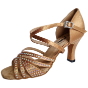 Tanfärgade latinskor. Dansskor i satin med strasstenar. Mockasula.