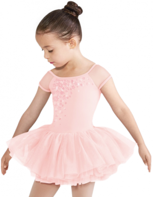 Rosa barndansdräkt från Bloch. Blommigt mönster och fluffig tutukjol med volym.