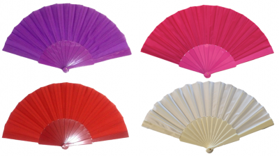 Solfjädrar i olika färger från Dansskor.se. Solfjäder i rött, lila, rosa, creme.